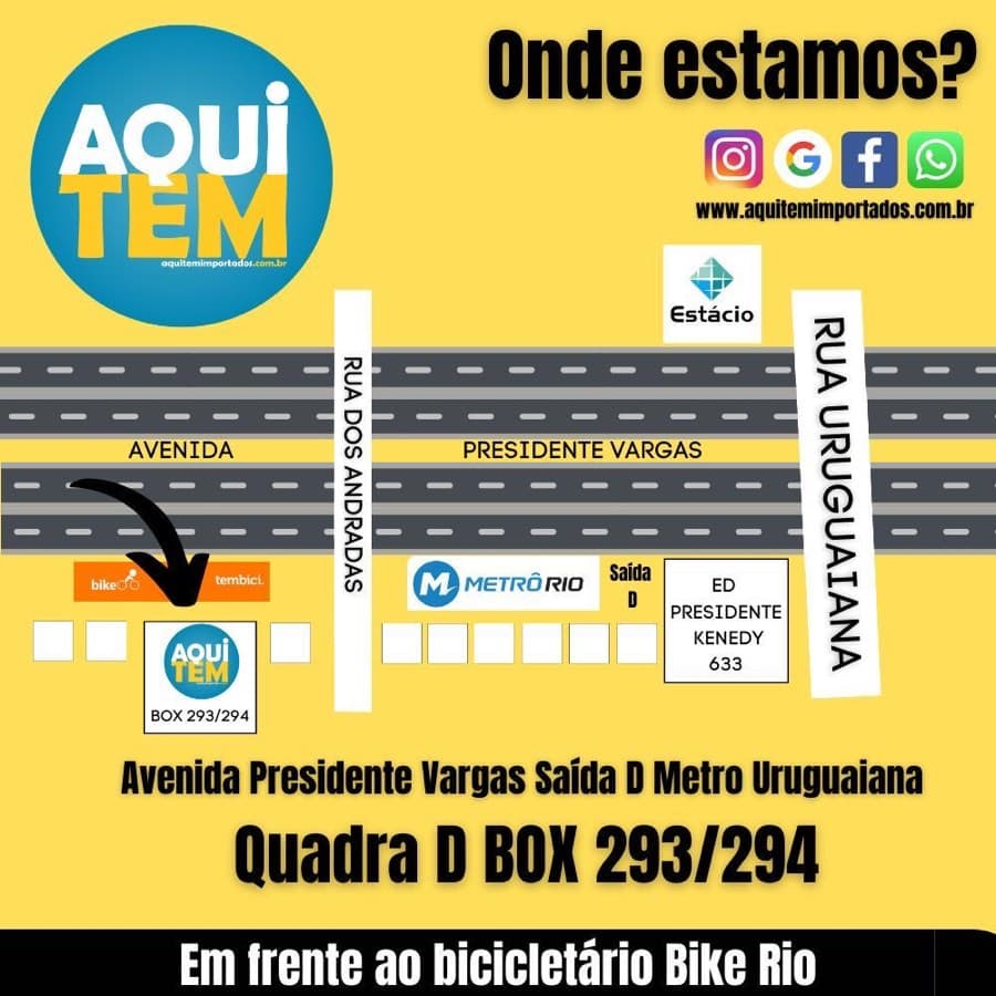 Mapa ilustrado: Av. Presidente Vargas, Saída D do Metrô Uruguaiana, Quadra D Box 293/294, em frente ao bicicletário Bike Rio